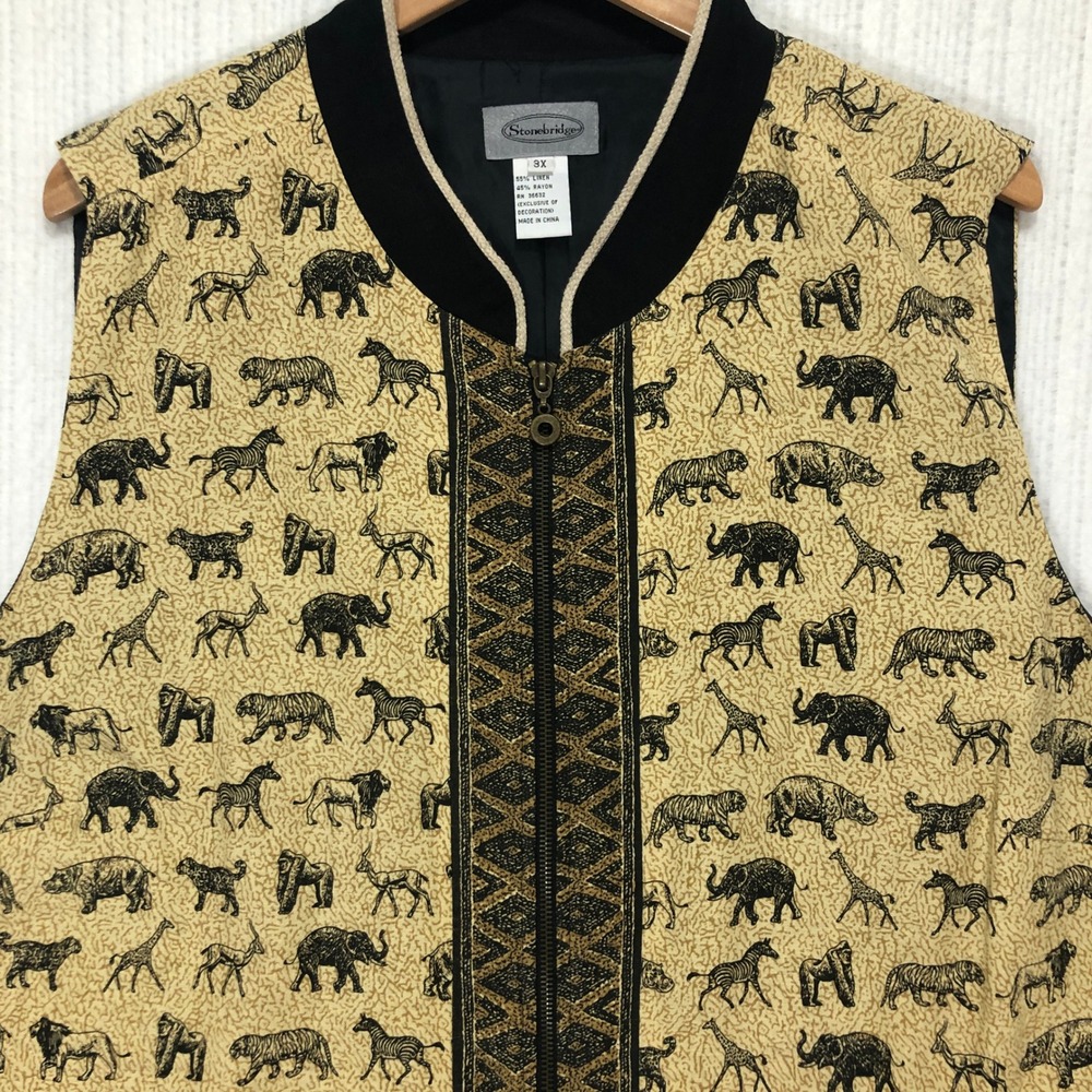 Stonebridge‎ Safari Animal Print Linen Blend Zip Up Vest Plus Size 3X Tan Black